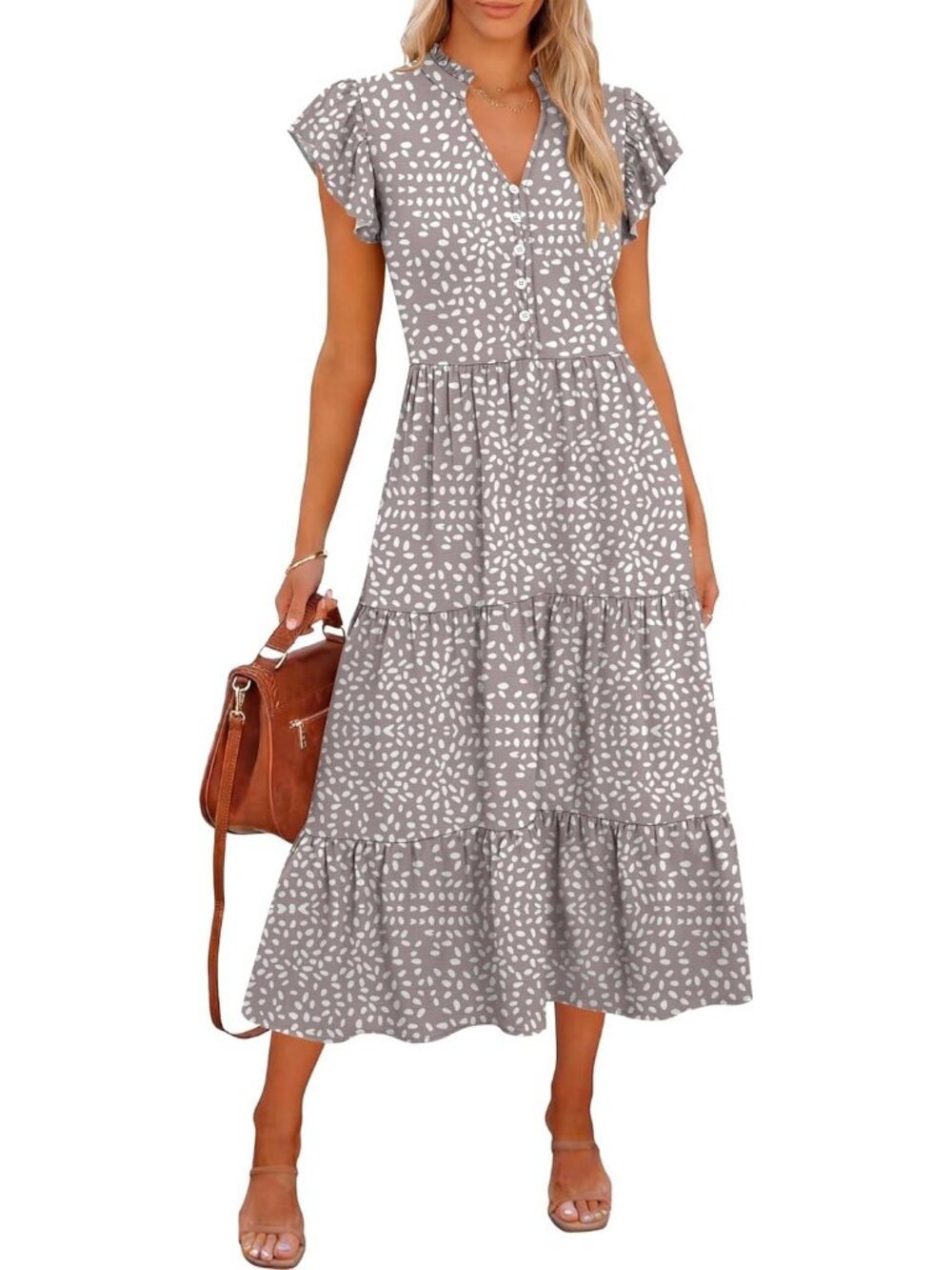 Caracilia Women's Khaki Polka Dot Grey Button Ruffle Sleeve Beach Midi DressMid
